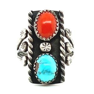 Old Pawn Sterling Silver Coral & Turquoise Ring Size 6.5